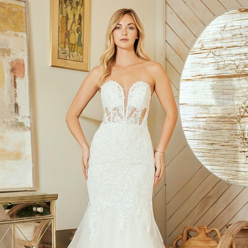 New White Wedding Mermaid Dress w/ Flare Skirt & Floral Lace Motif AC 7090